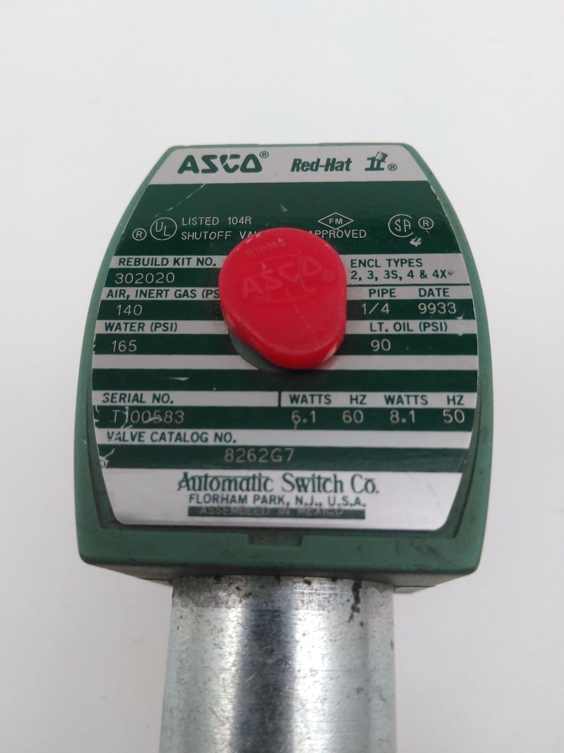 ASCO 8262G7 Solenoid Valve, 2-Way, Stainless Steel, 1/4", NC, 120VAC/60Hz
