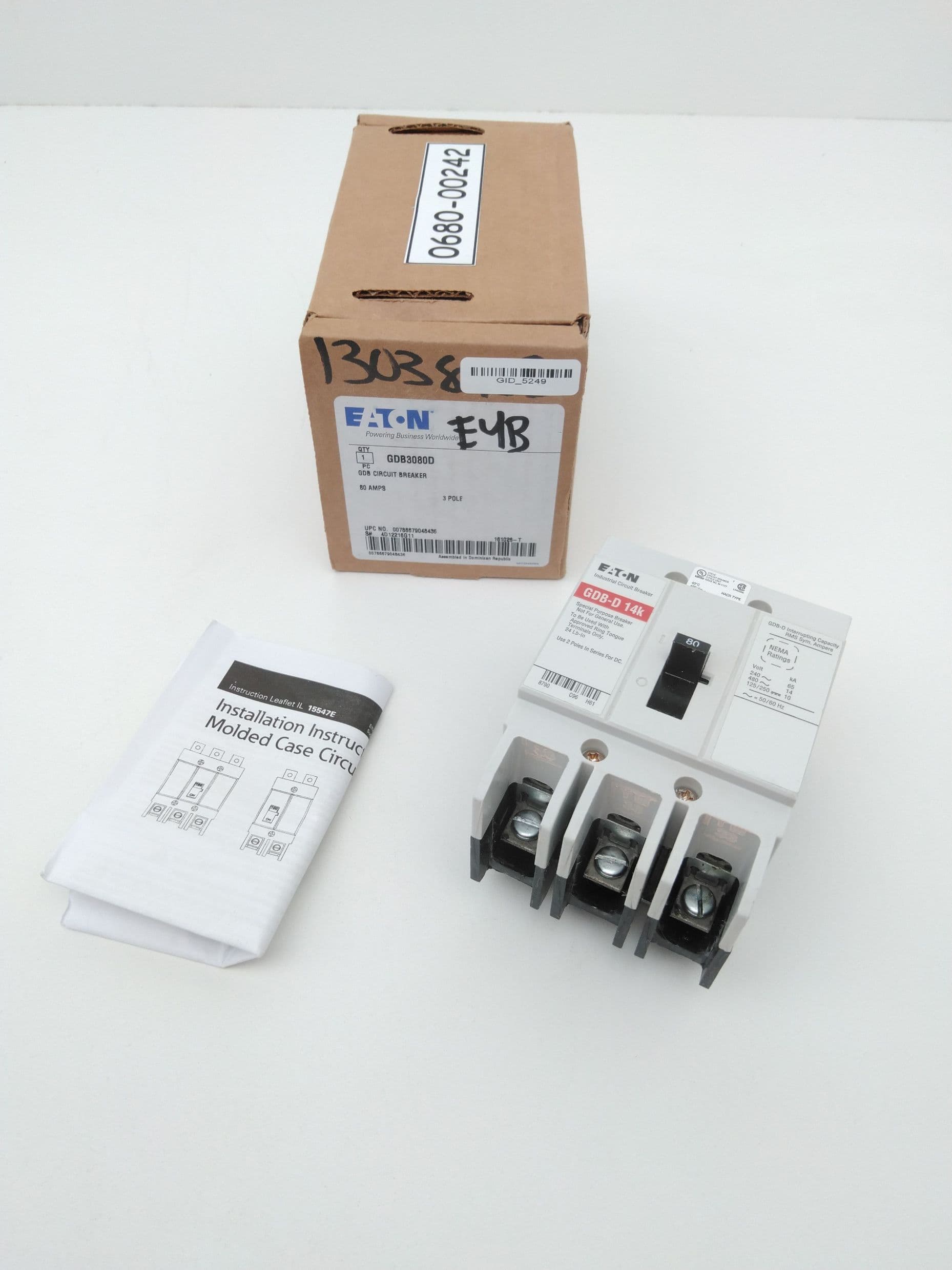 Eaton GDB3080D Molded Case Circuit Breaker, 80A, 3P, GDB-D 14K