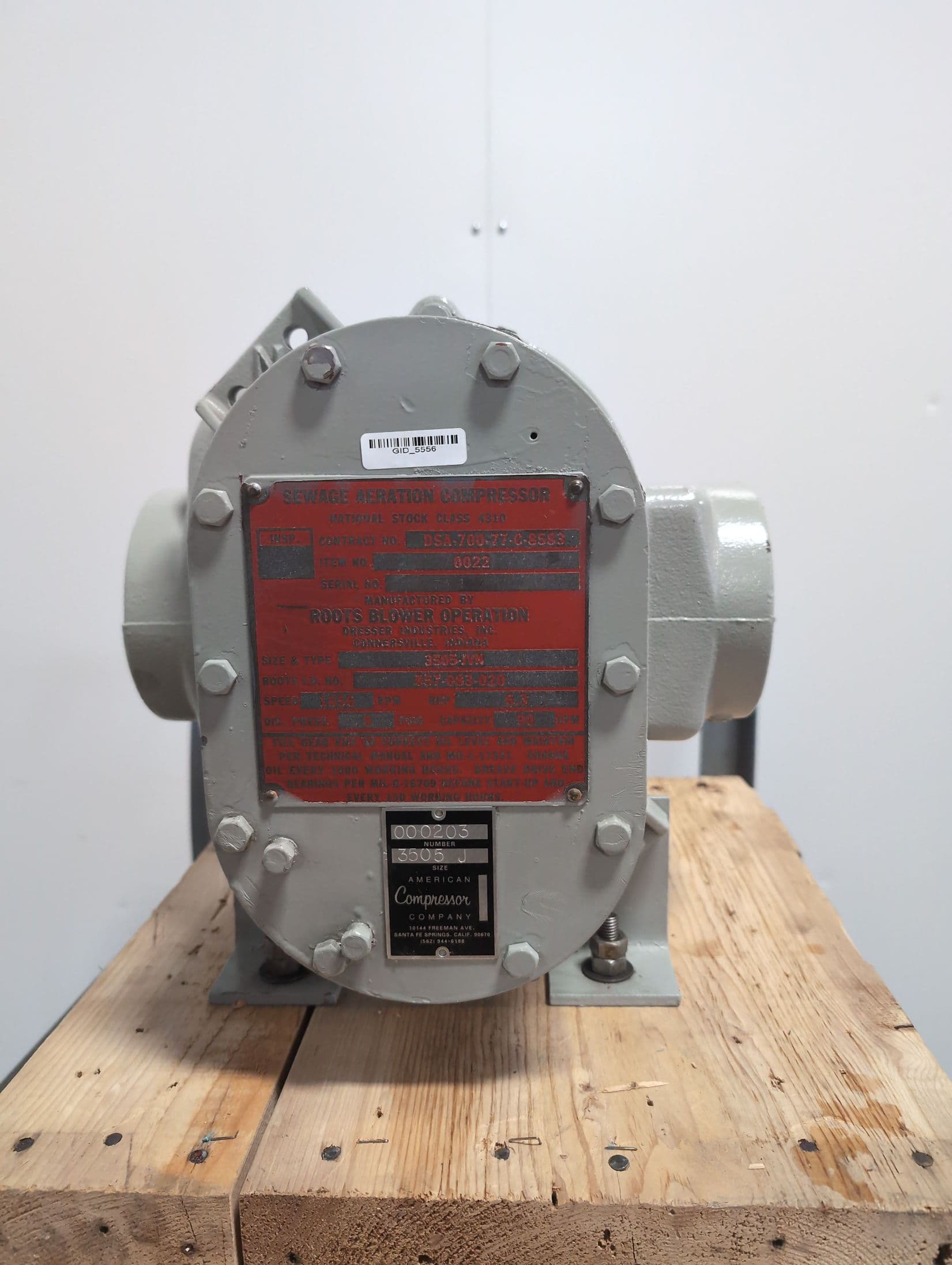Dresser -Roots 3505-J Positive displacement Blower, 300CFM max