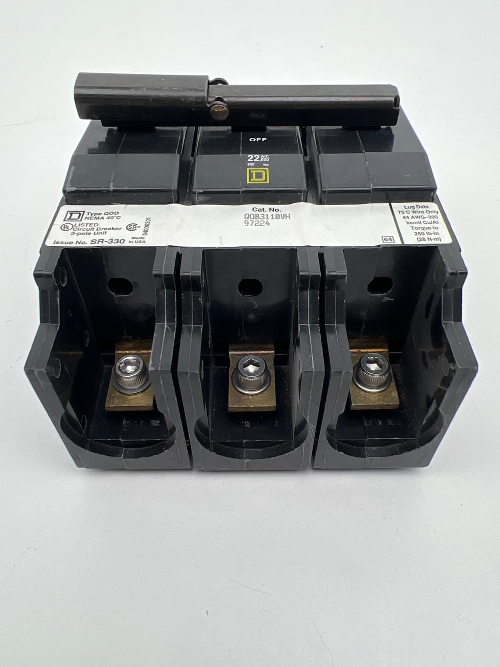 Square D QOB3110VH Circuit Breaker, 110A, 3 Pole, 120/240VAC, 22kA, Bolt-on