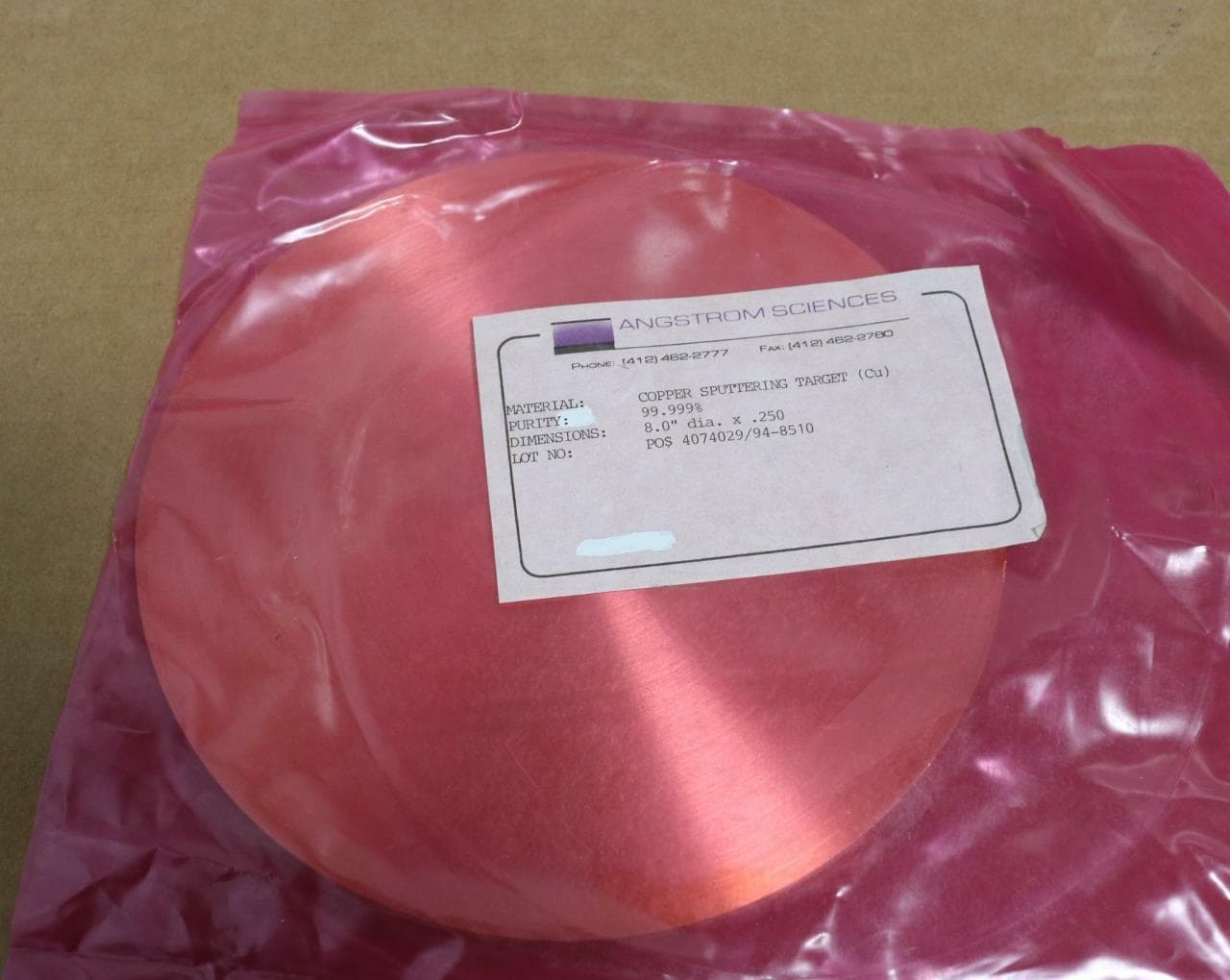 Angstrom Sciences 99.999% Copper 8.0" x 0.25" Sputtering Target