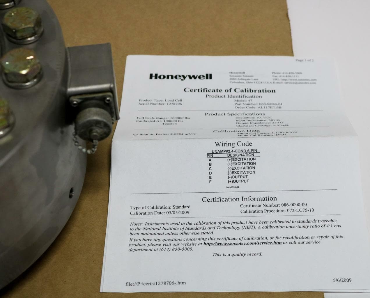 Honeywell Sensotec Series 47, 060-K084-01 100,000 lb. Pancake Loadcell
