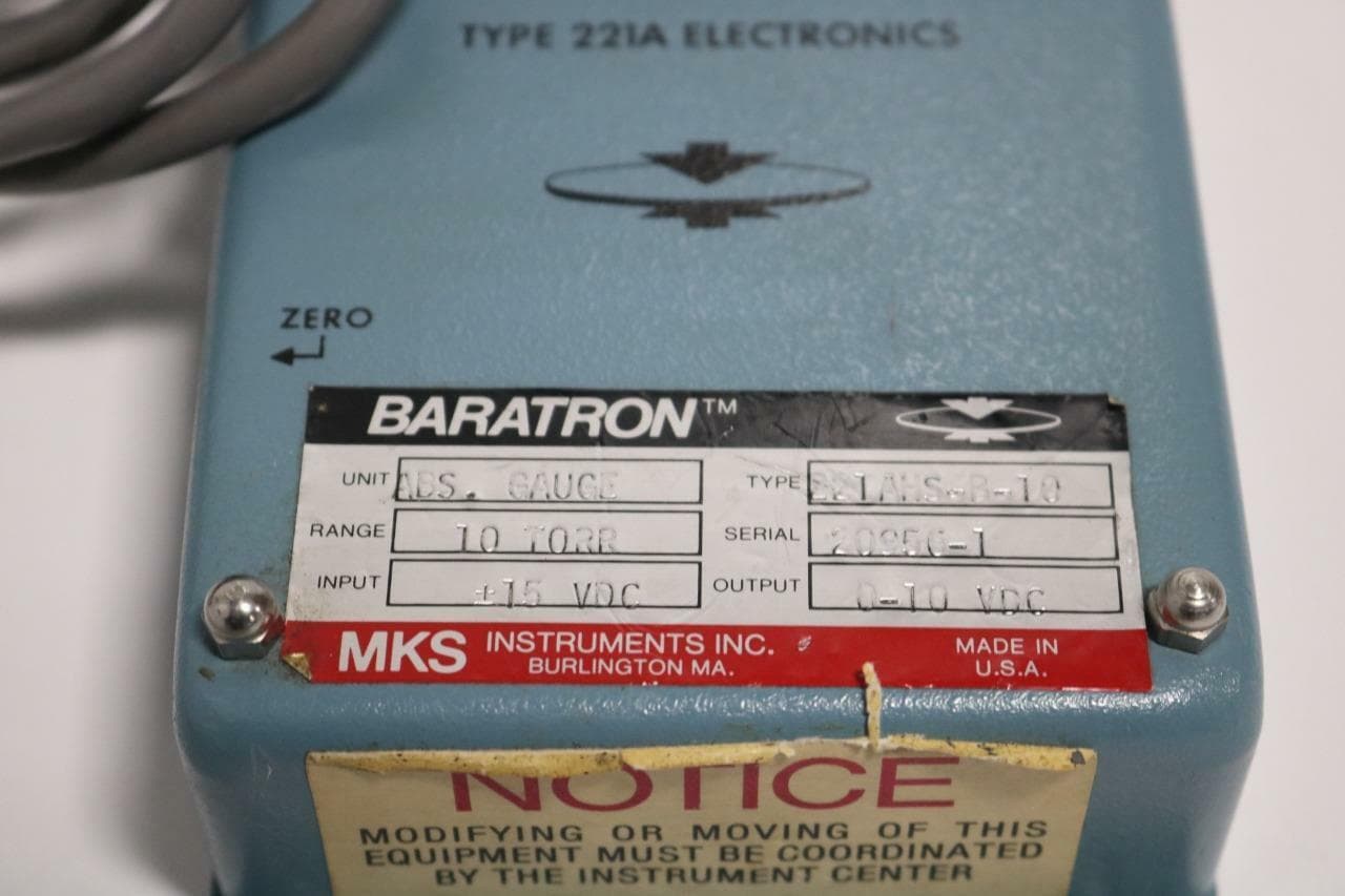 MKS 221AHS-B-10 Baratron AbsoluteGauge, 10 Torr