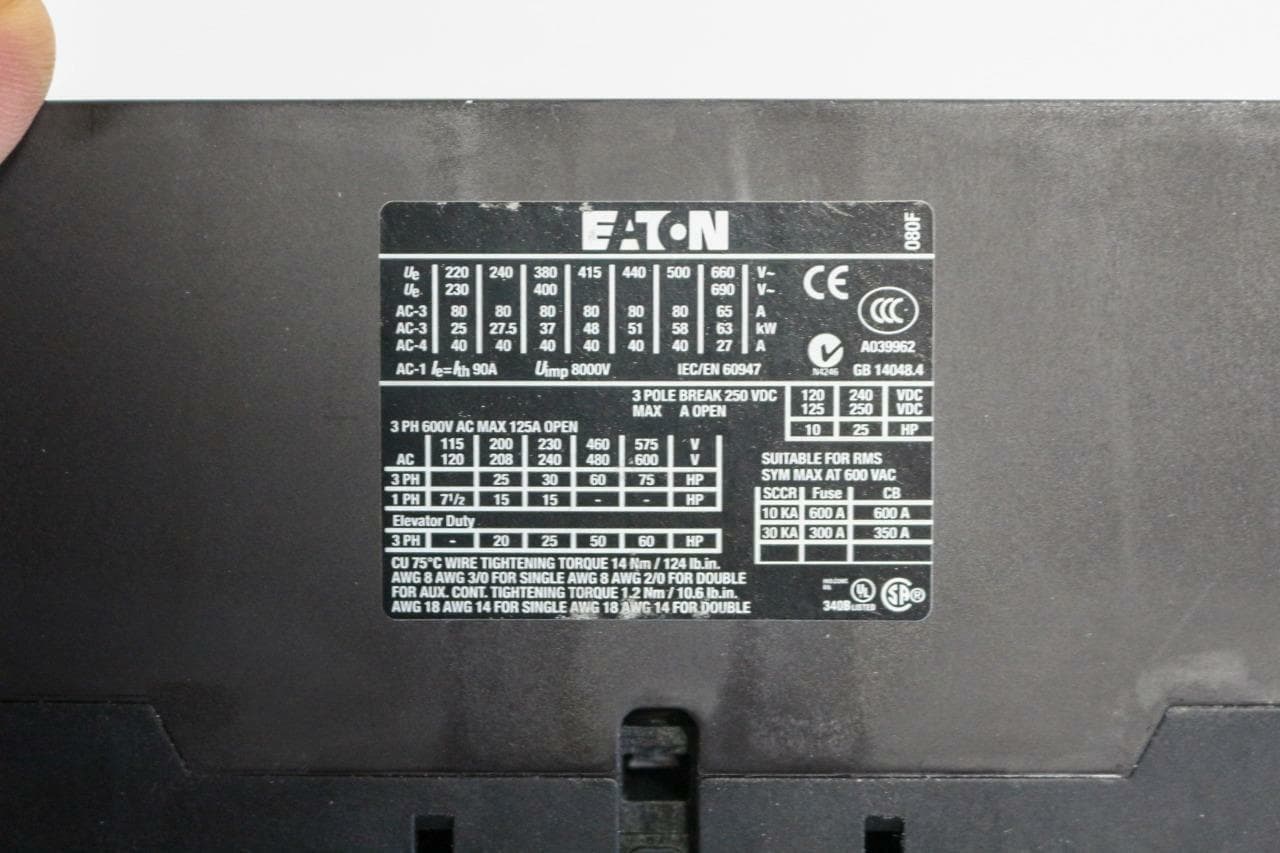 Eaton XTCE080F Contactor, 80A, 3P w/ 120-60Hz Coil