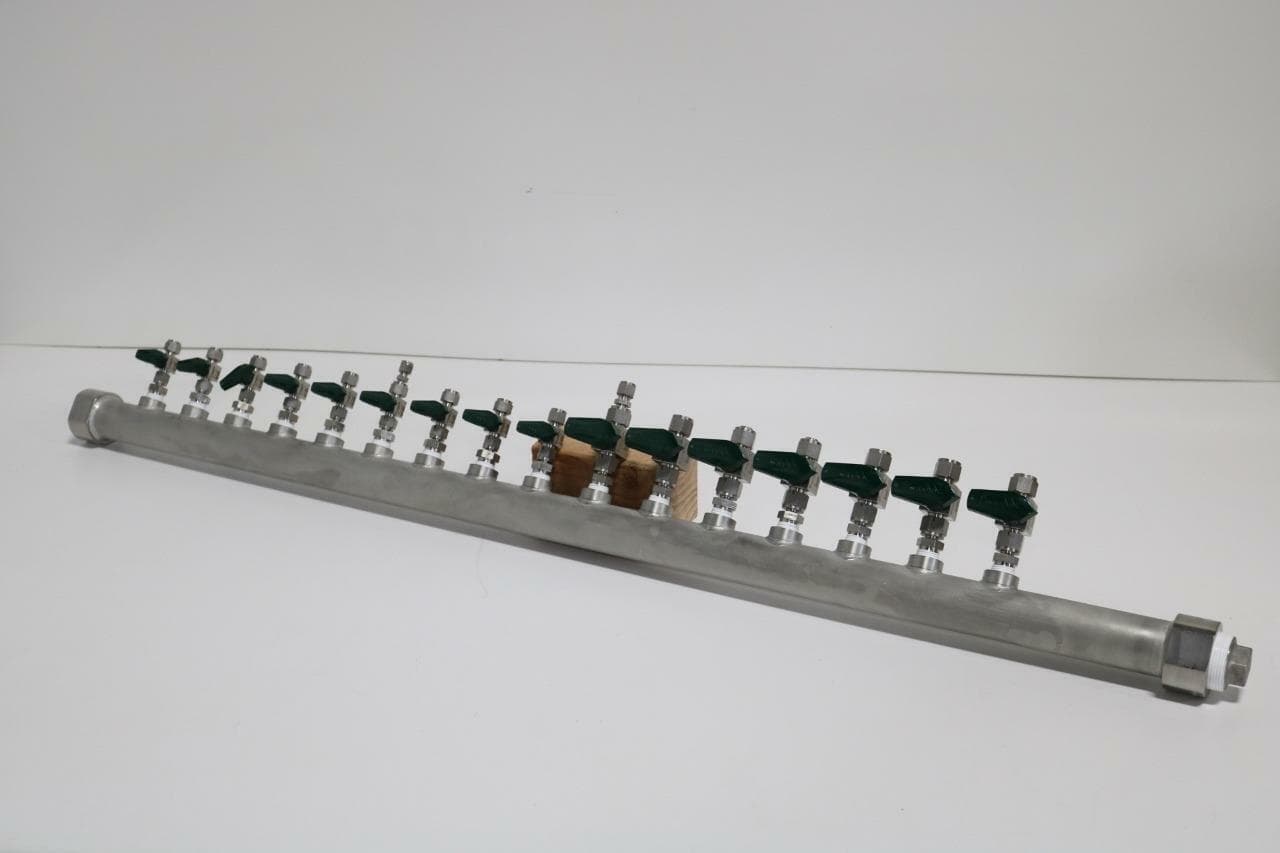 Unbranded 1 1/2" FNPT, w/16 Ball Valves. 52 3/4"L