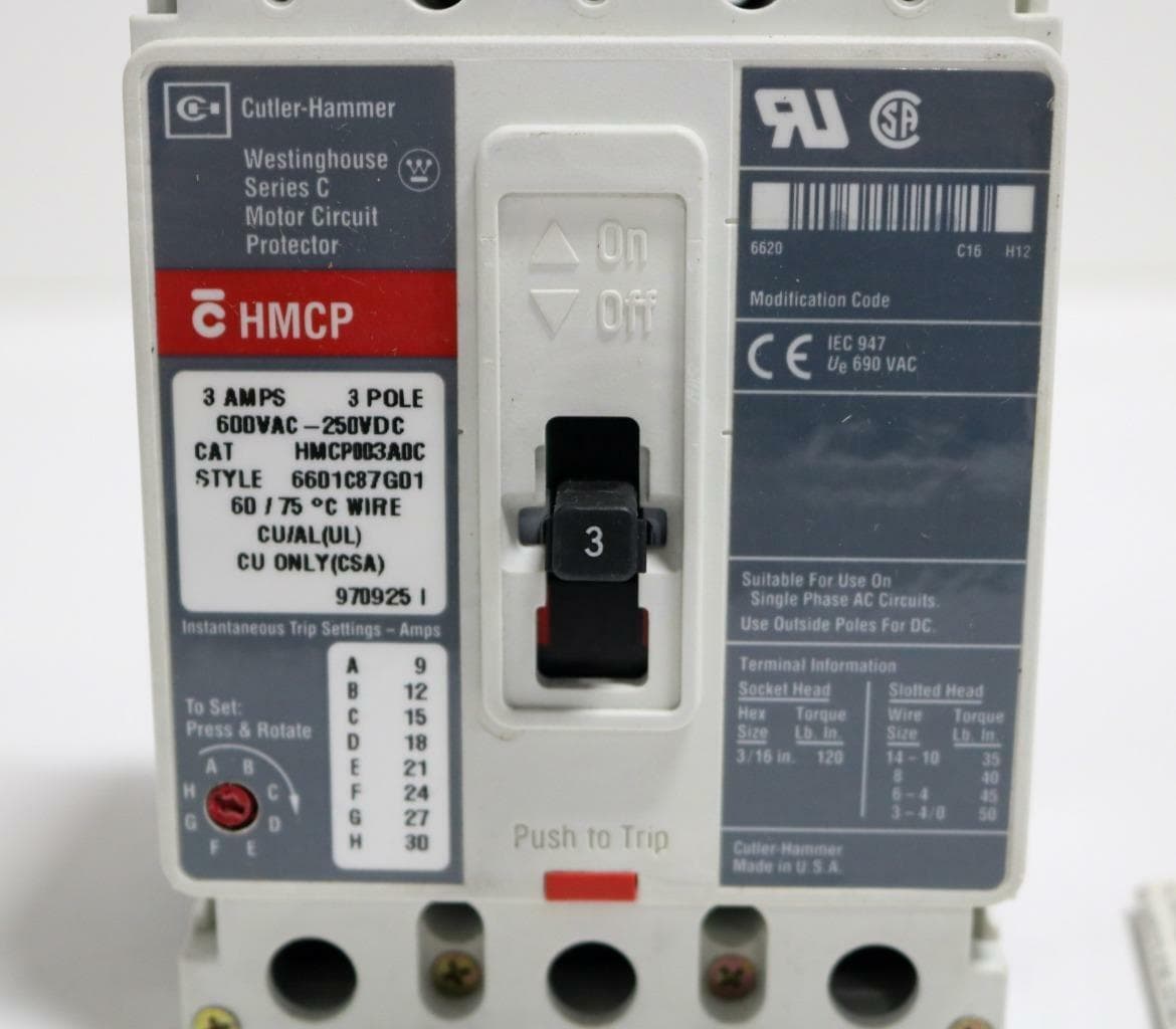 Eaton/Cutler-Hammer HMCP003A0C Circuit Breaker, 600 VAC, 3 Amp, 3 Pole