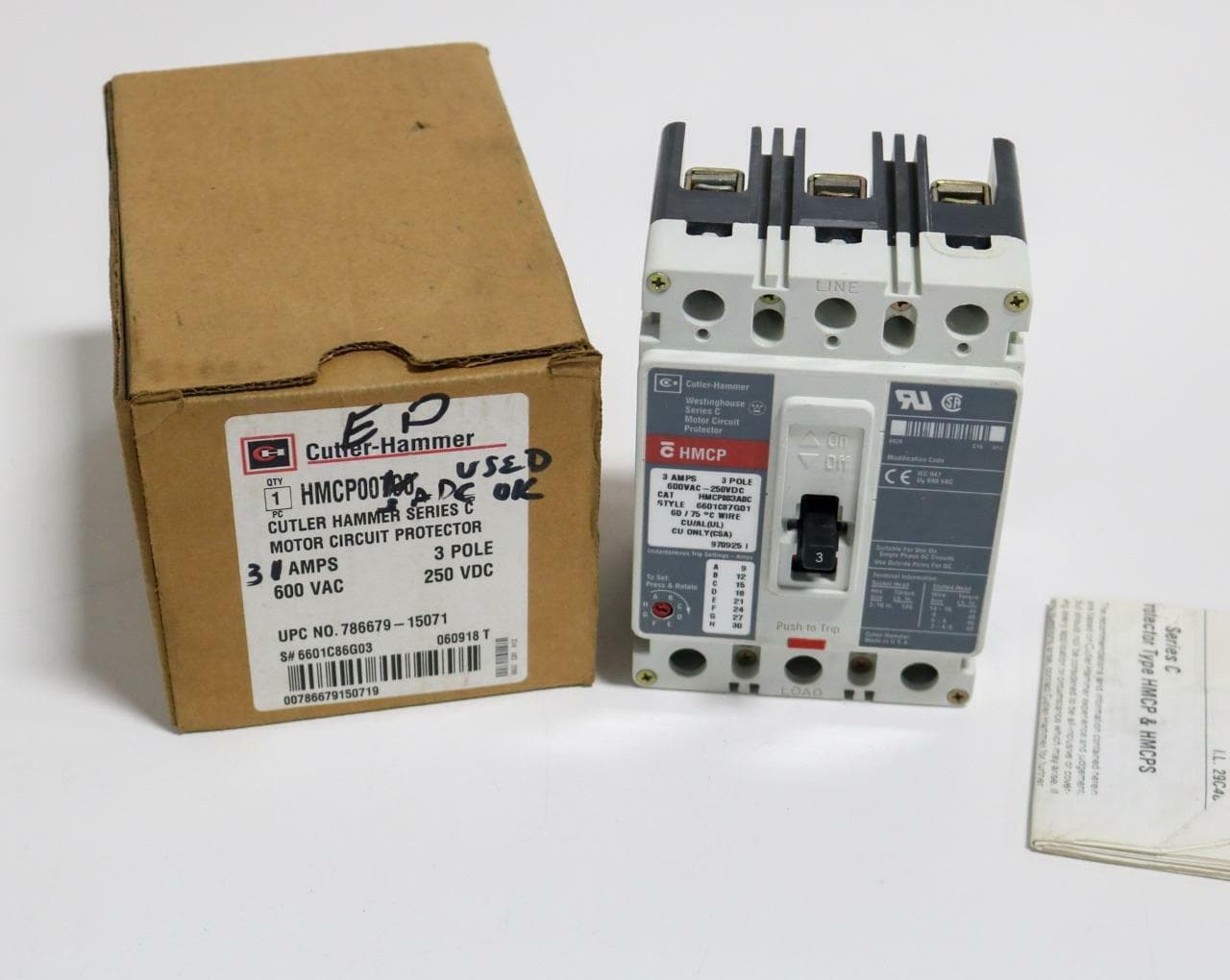 Eaton/Cutler-Hammer HMCP003A0C Circuit Breaker, 600 VAC, 3 Amp, 3 Pole