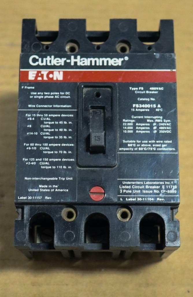 Eaton/Cutler-Hammer FS340015A Circuit Breaker, 480 VAC, 15 Amp, 3 Pole