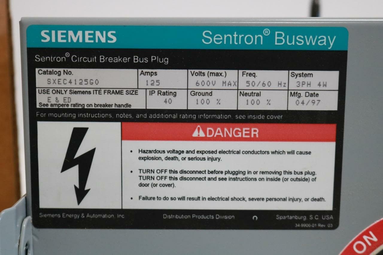 Siemens SXEC4125G0 Sentron Circuit Breaker Bus Plug 125A 3P w/GND