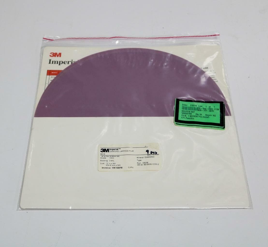 3M 661X, 60-0003-3716-6 Lot of 9 12in x NH,1 Micron Diamond Lapping Film Discs