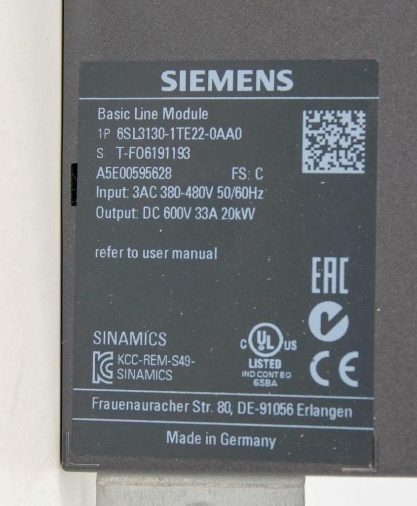 Siemens 6SL3130-1TE22-0AA0 SINAMICS Basic line Module, 380-480VAC, 600VDC, 34A