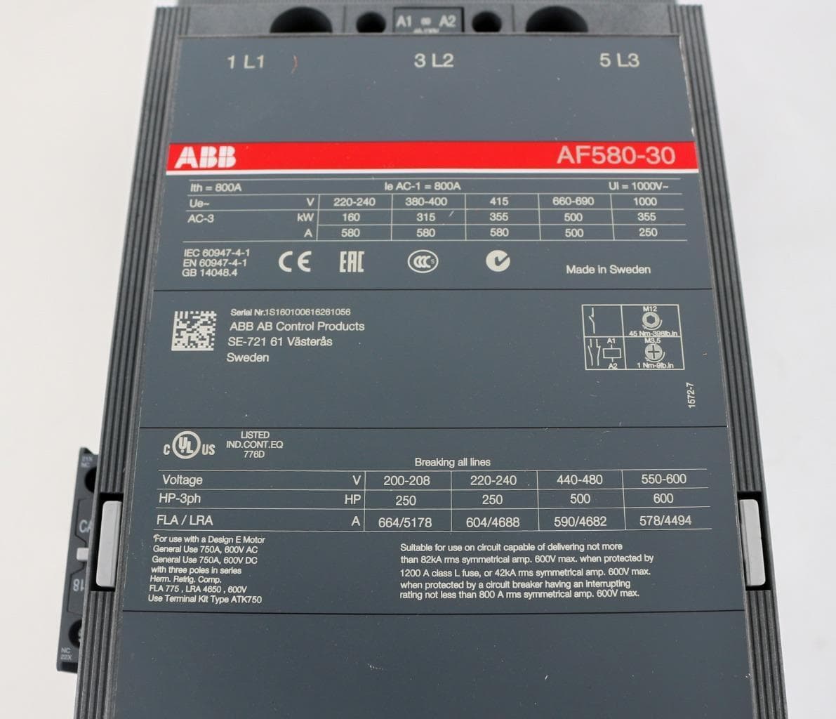 ABB AF580-30 Contactor, 800Amp, 200-600 VAC,40-130V, 50/60Hz, DC Coil