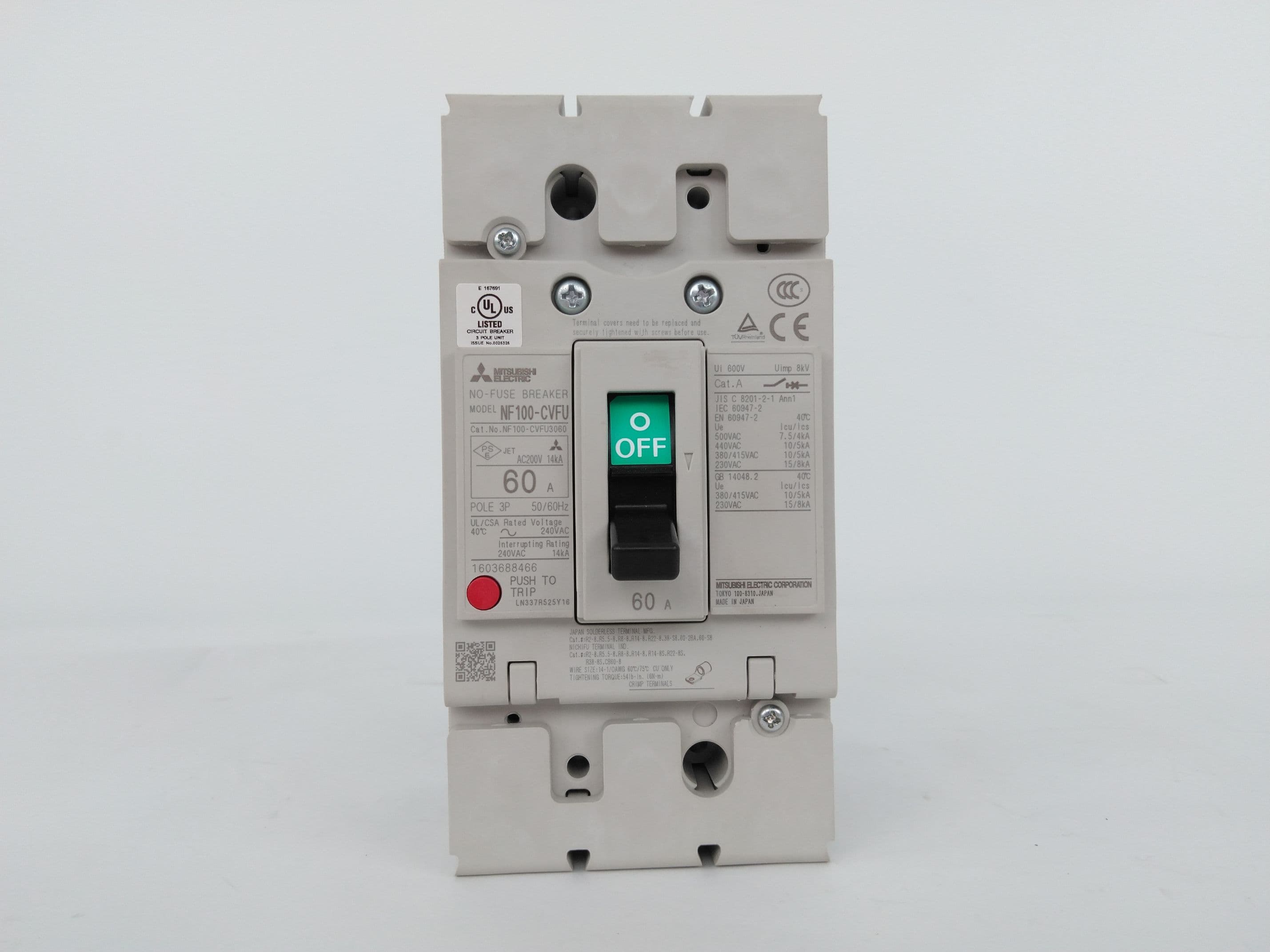 Mitsubishi Electric NF100-CVFU Circuit Breaker, 60Amp, 3Pole, NF100-CVFU3060