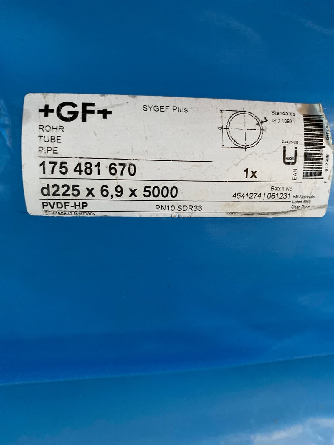 George Fischer 175481670 D225 x 6,9 x 5000 PVDF-HP ROHR High Purity Pipe