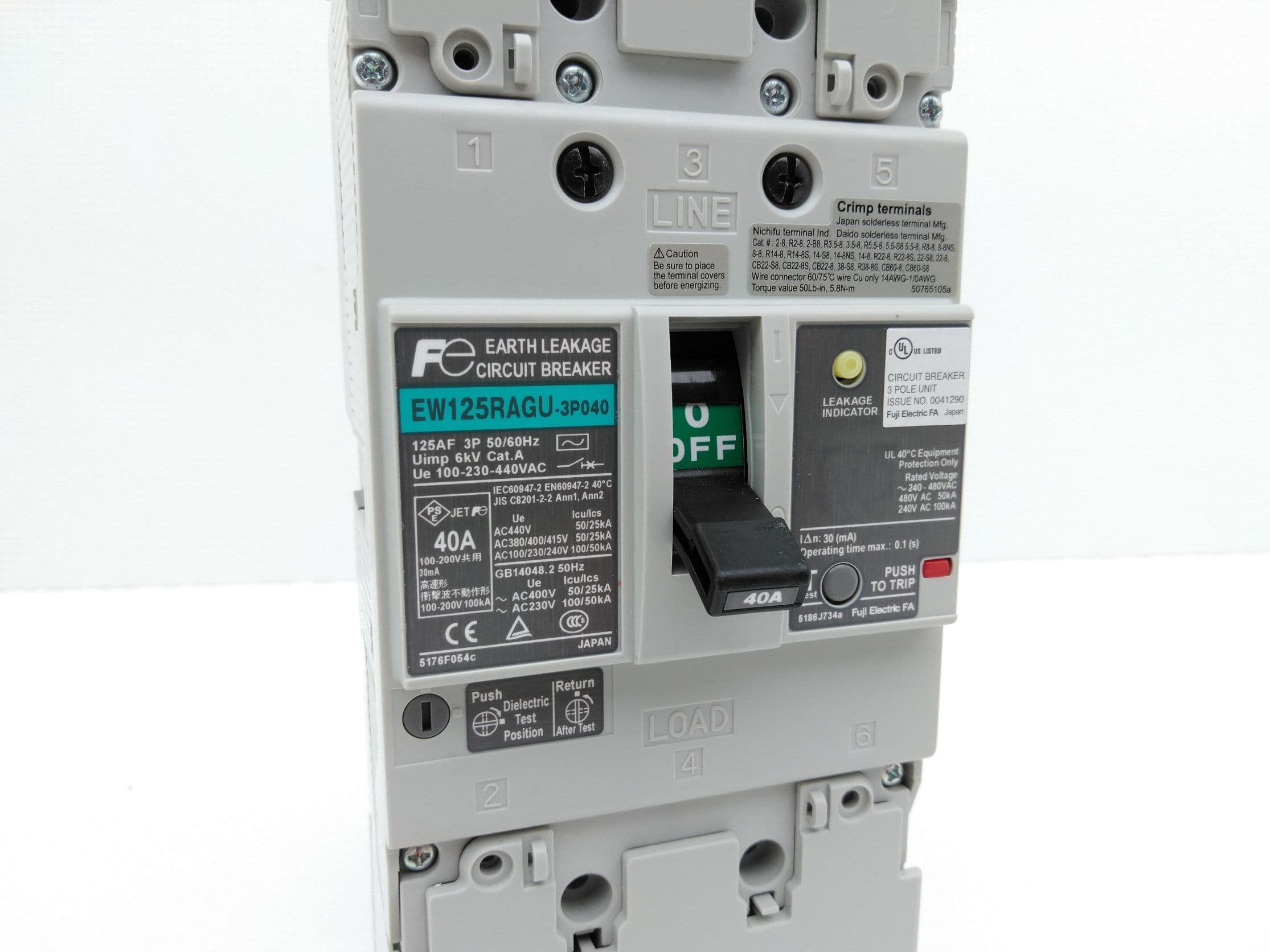 Fuji Electric EW125RAGU-3P040 Earth Leakage Circuit Breaker, 3P, 40A,100-440VAC