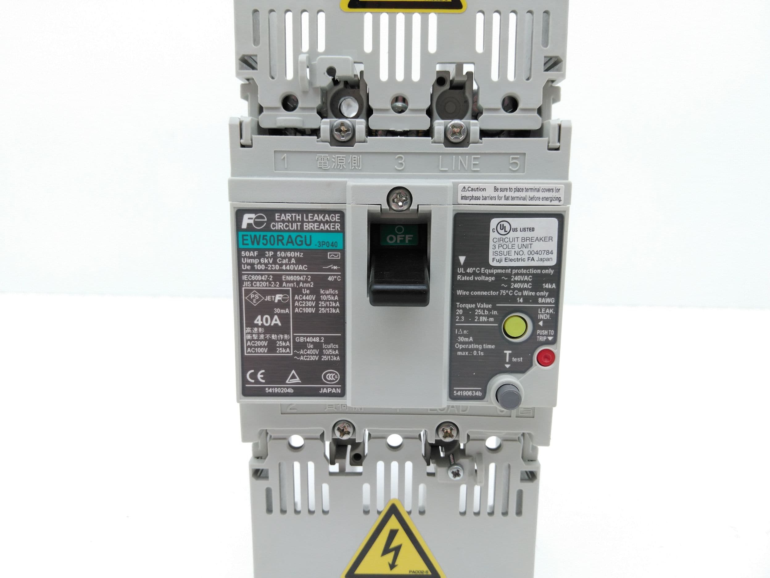 Fuji Electric EW50RAGU-3P040 Earth Leakage Circuit Breaker, 3P, 40A
