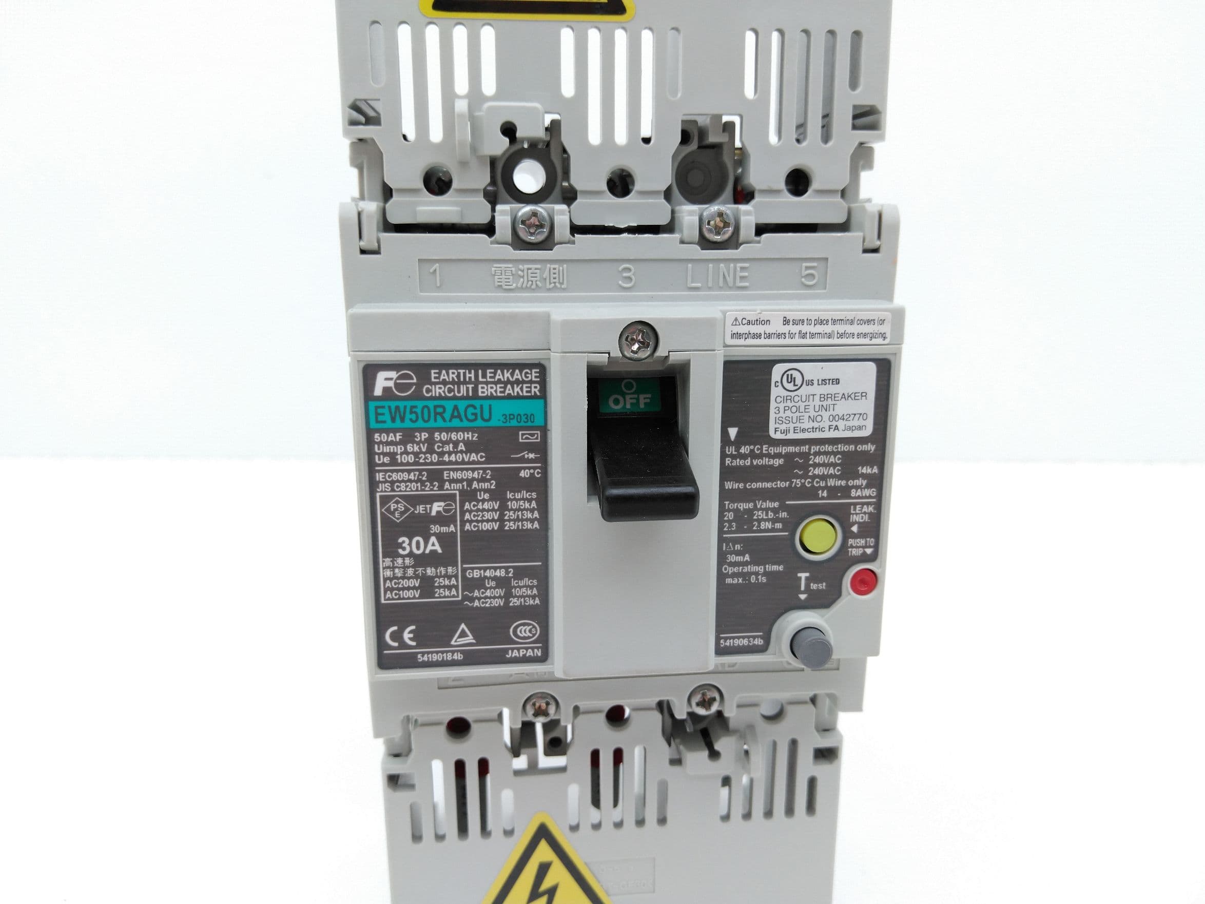 Fuji Electric EW50RAGU-3P030 Earth Leakage Circuit Breaker, 3P, 30A