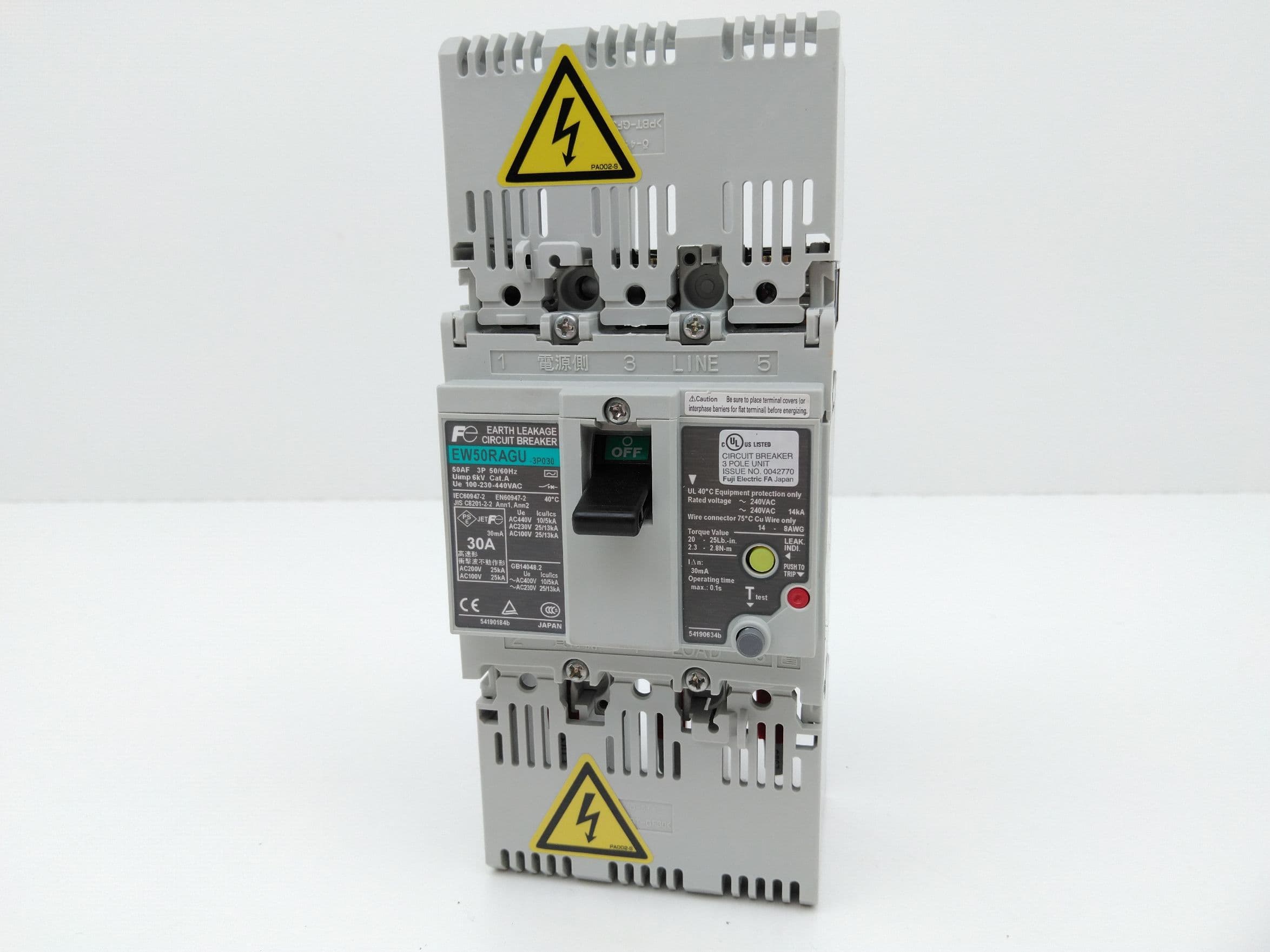 Fuji Electric EW50RAGU-3P030 Earth Leakage Circuit Breaker, 3P, 30A