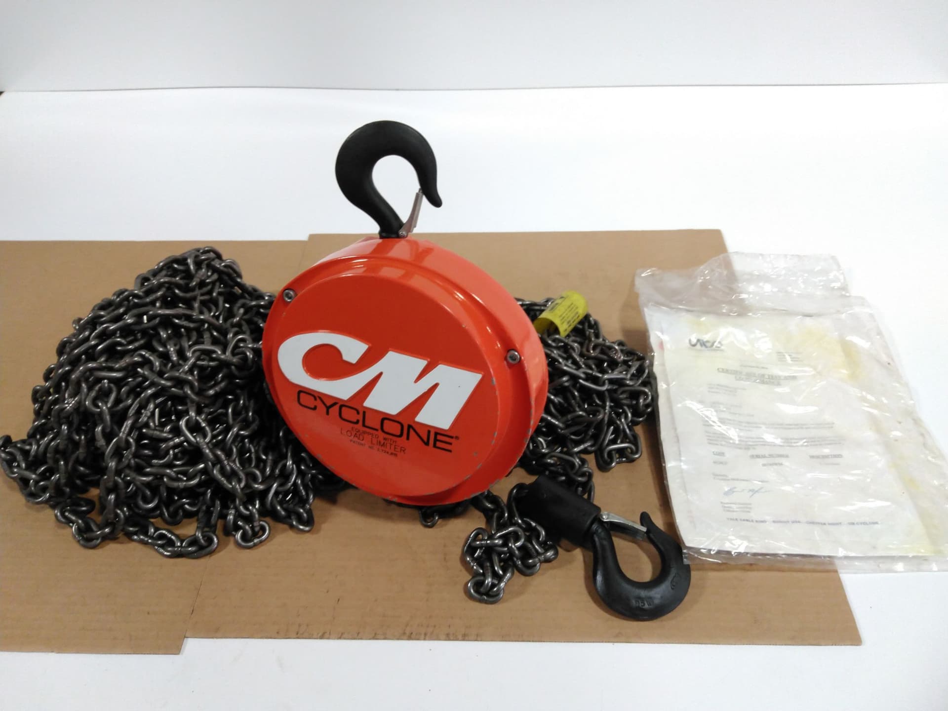 CM Cyclone 4624CF 1 Ton Manual Chain hoist, 86' Lift, Load Limiter