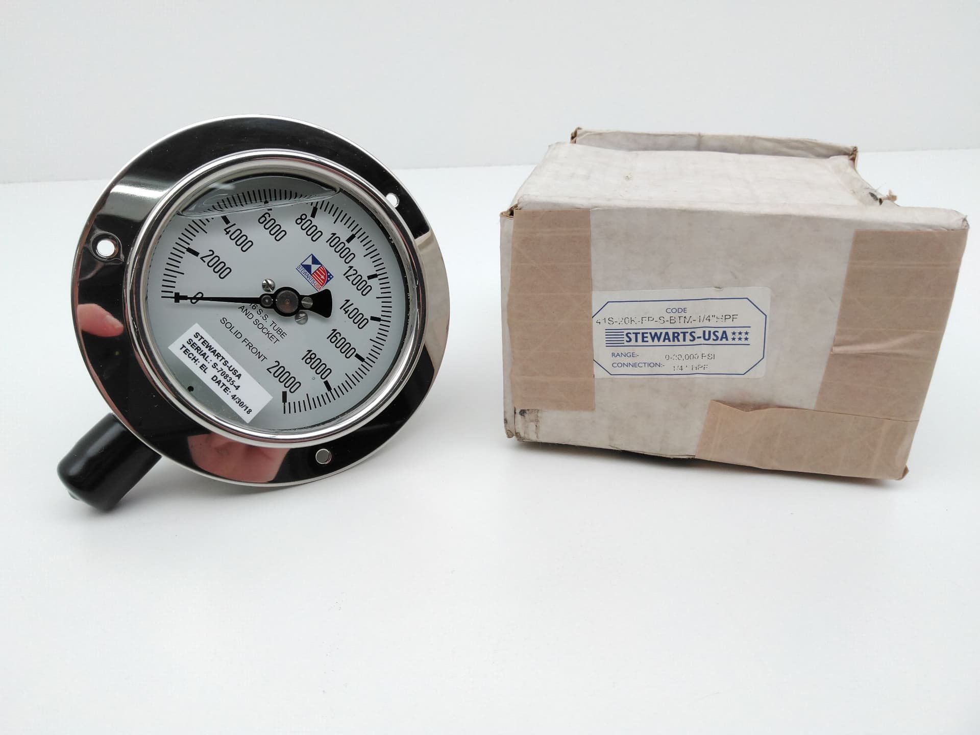 Stewarts-USA 41S-20K-FP--S-BTM-1/4" HPF 0-20000PSI Panel Mount Pressure Gauge