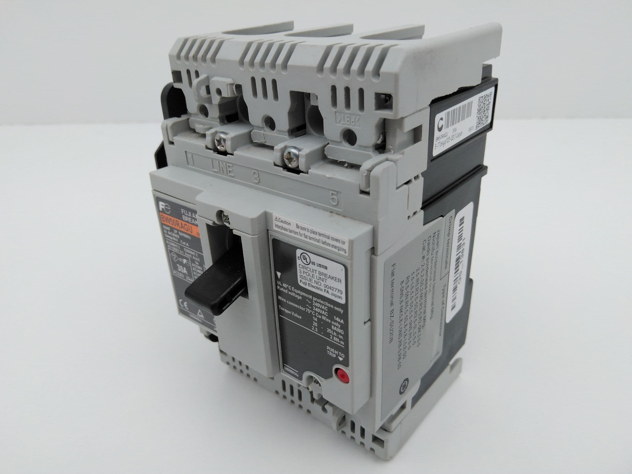 Fuji Electric BW50RAGU-3P030 Circuit Breaker 3P 30A 690VAC 250VDC w/Aux Switch