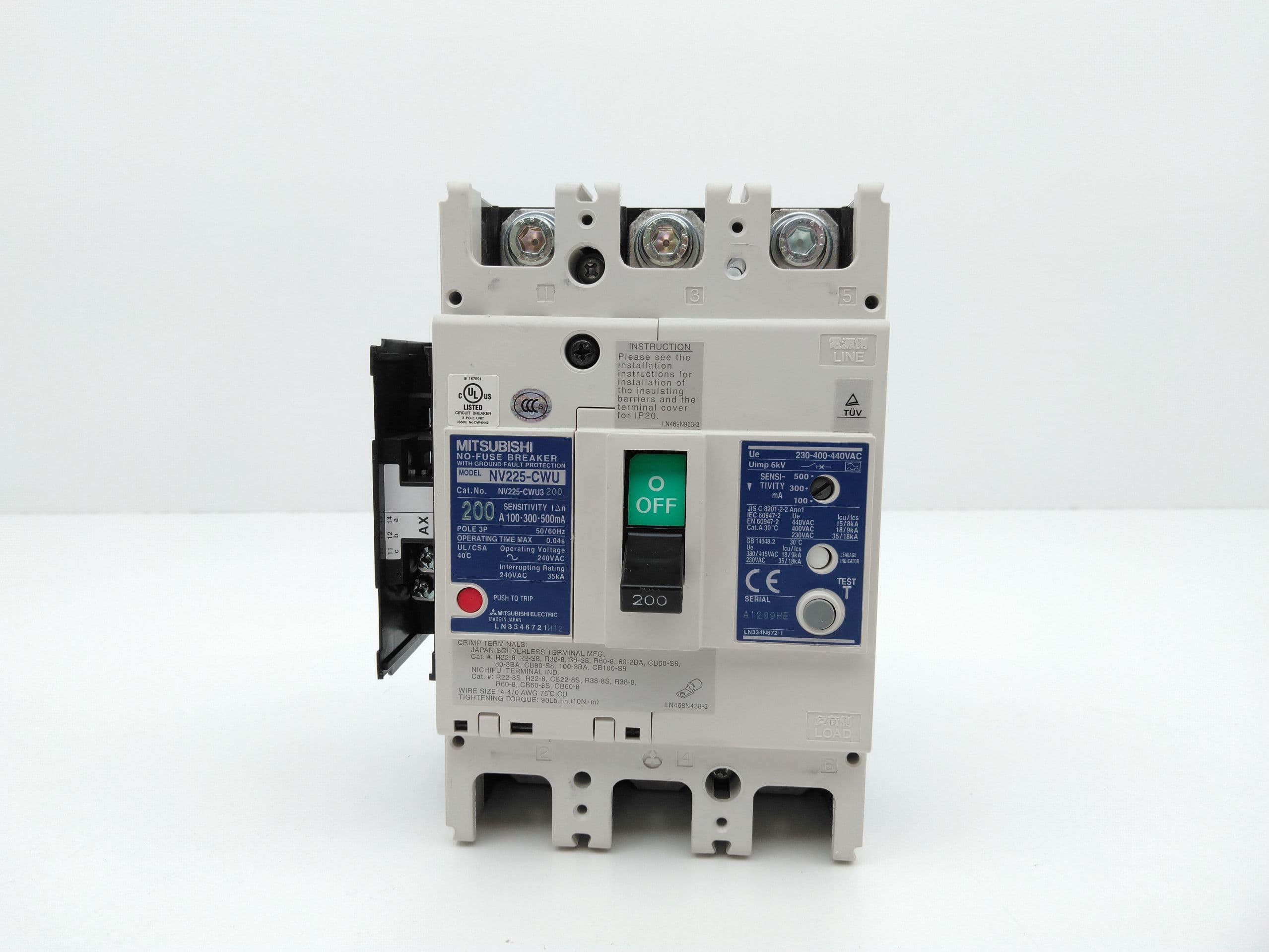 Mitsubishi NV225-CWU3 200A Circuit Breaker with Ground Fault Protection