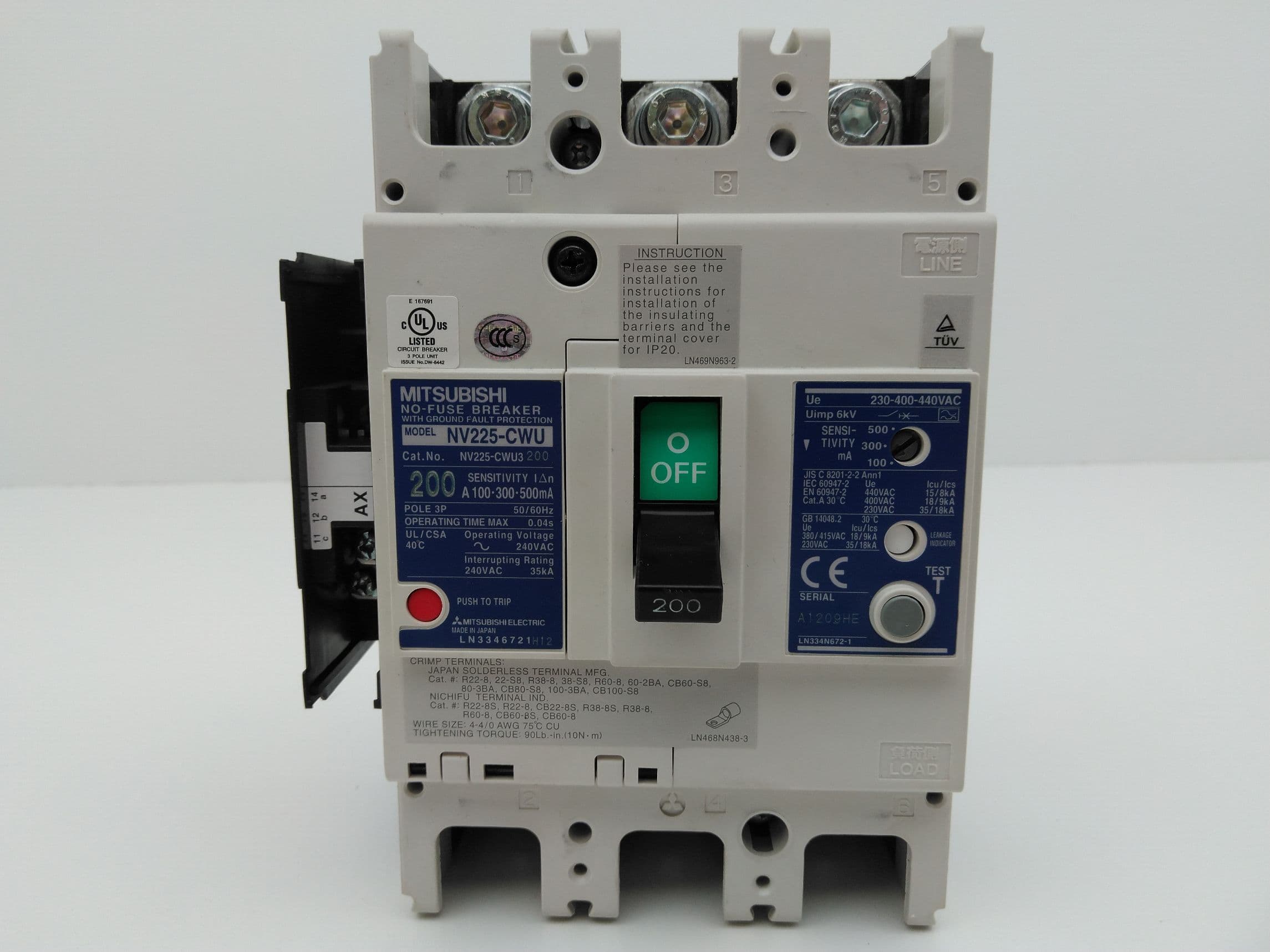 Mitsubishi NV225-CWU3 200A Circuit Breaker with Ground Fault Protection