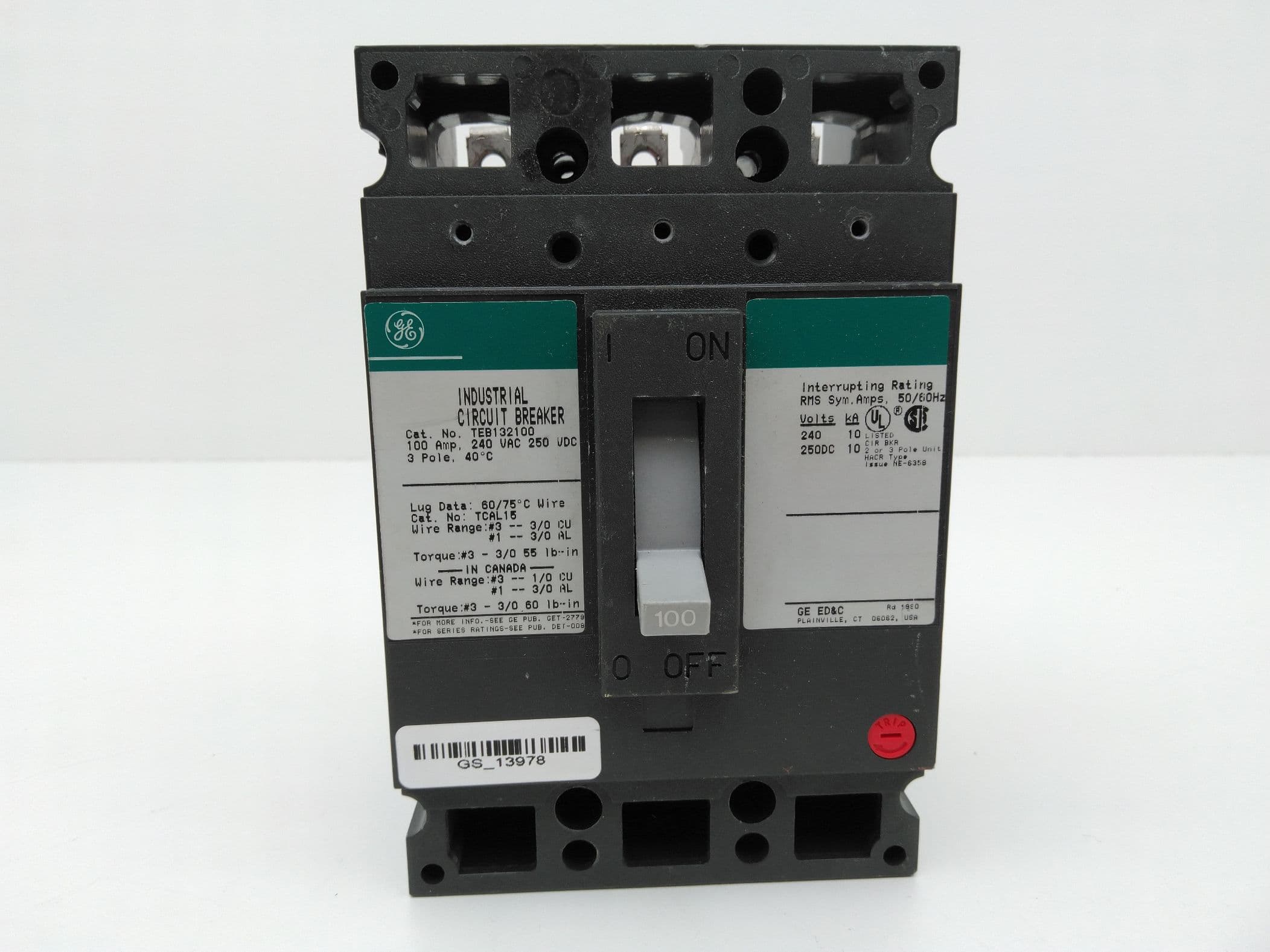 GE TEB132100WL Circuit Breaker 3 pole,100A, 240VAC, 250DC