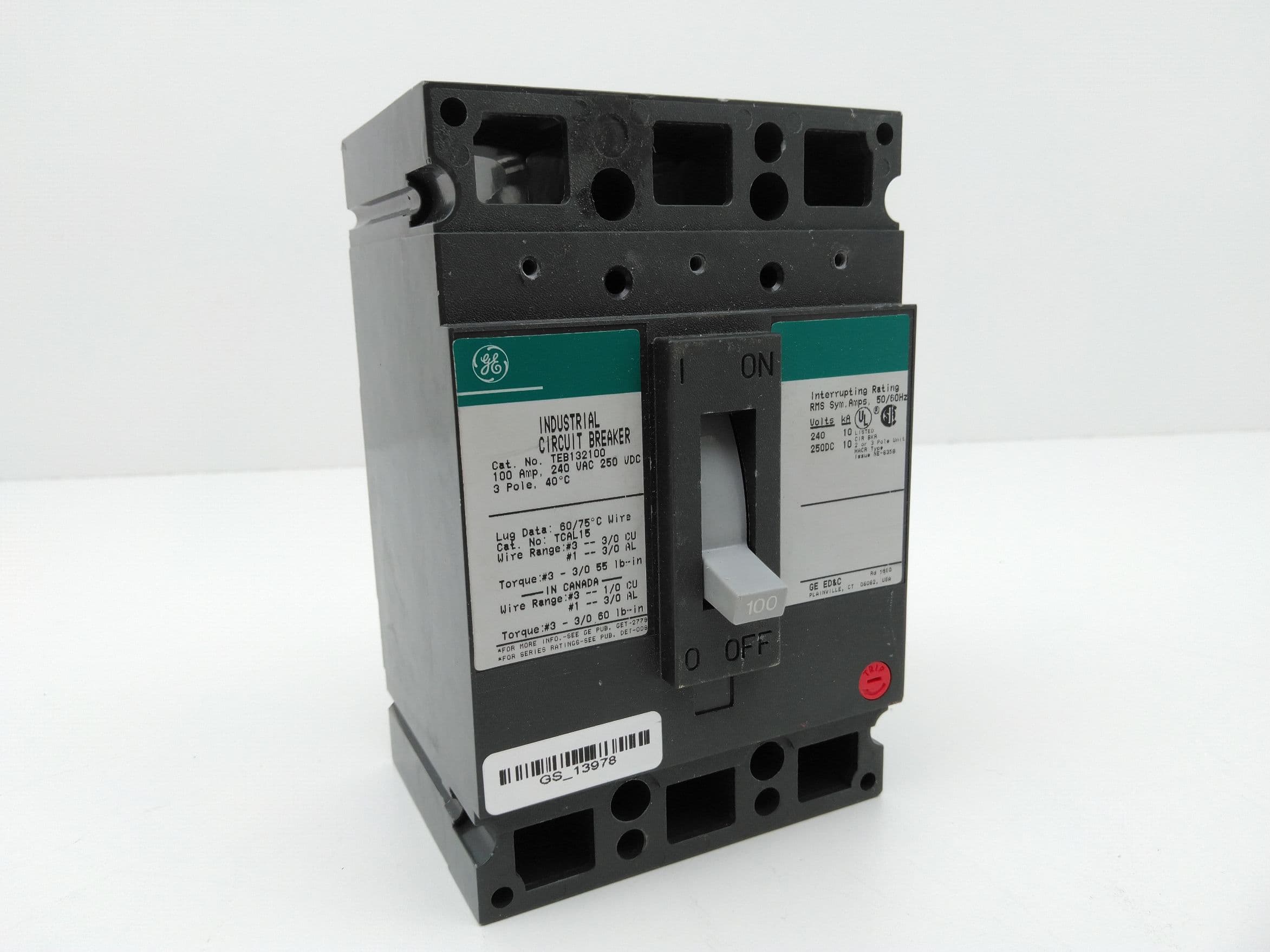 GE TEB132100WL Circuit Breaker 3 pole,100A, 240VAC, 250DC