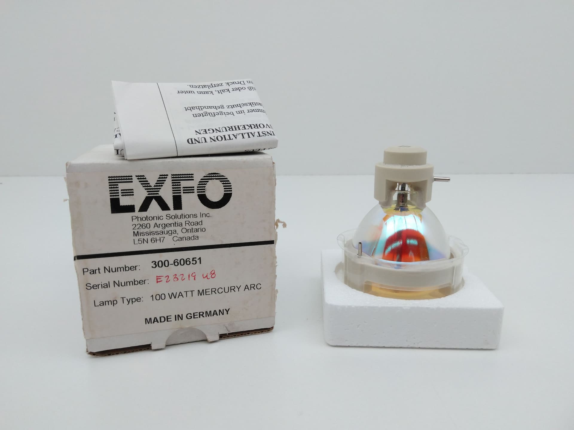 Exfo, Efos, Excelitas 300-60651 100 Watt Mercury Arc Light Bulb Lamp
