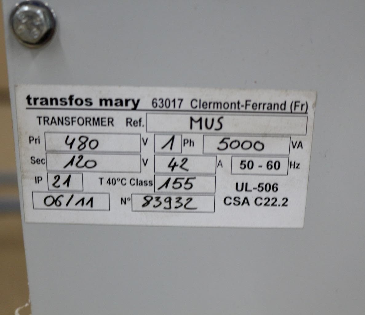 Transfos Mary MUS , PRI 480, 50-60HZ, 42A Transformer