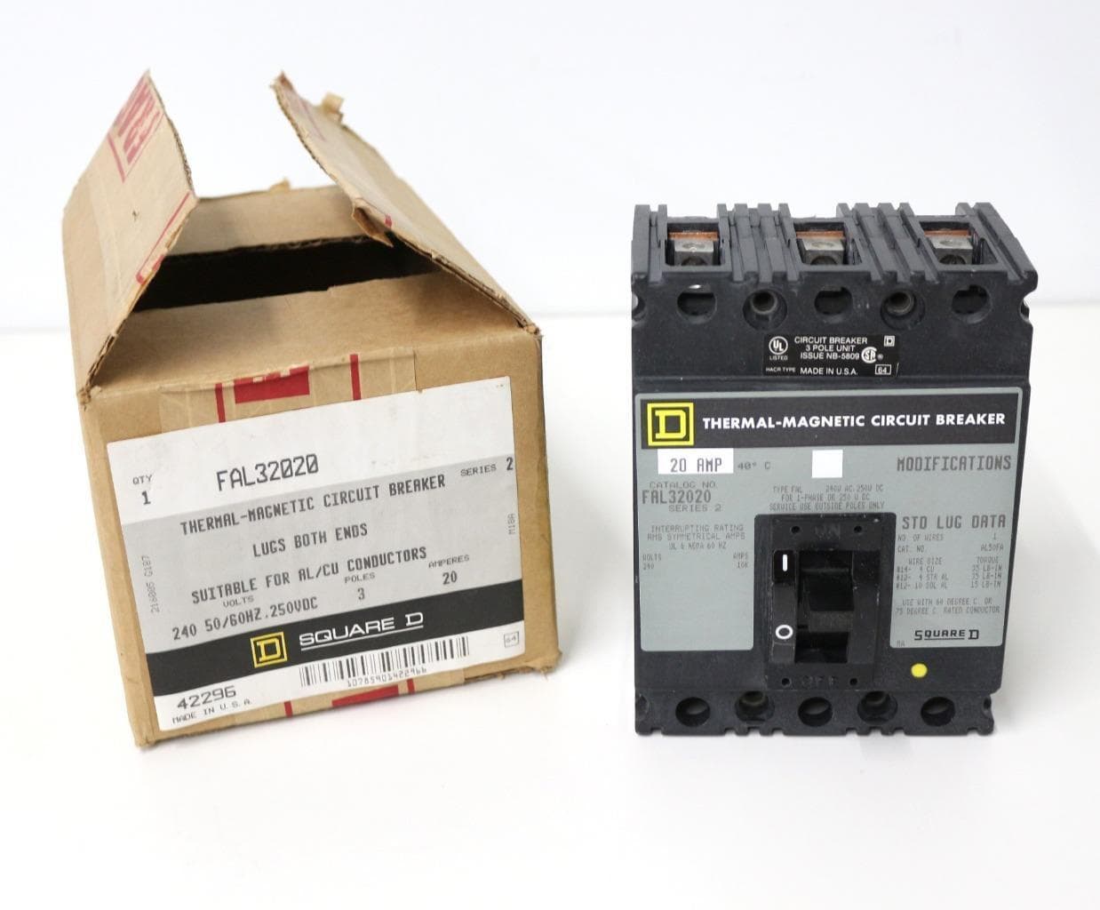 Square D FAL32020 Thermal-Magnetic Circuit Breaker 240, 50/60HZ, 250 VDC, 3 Pole