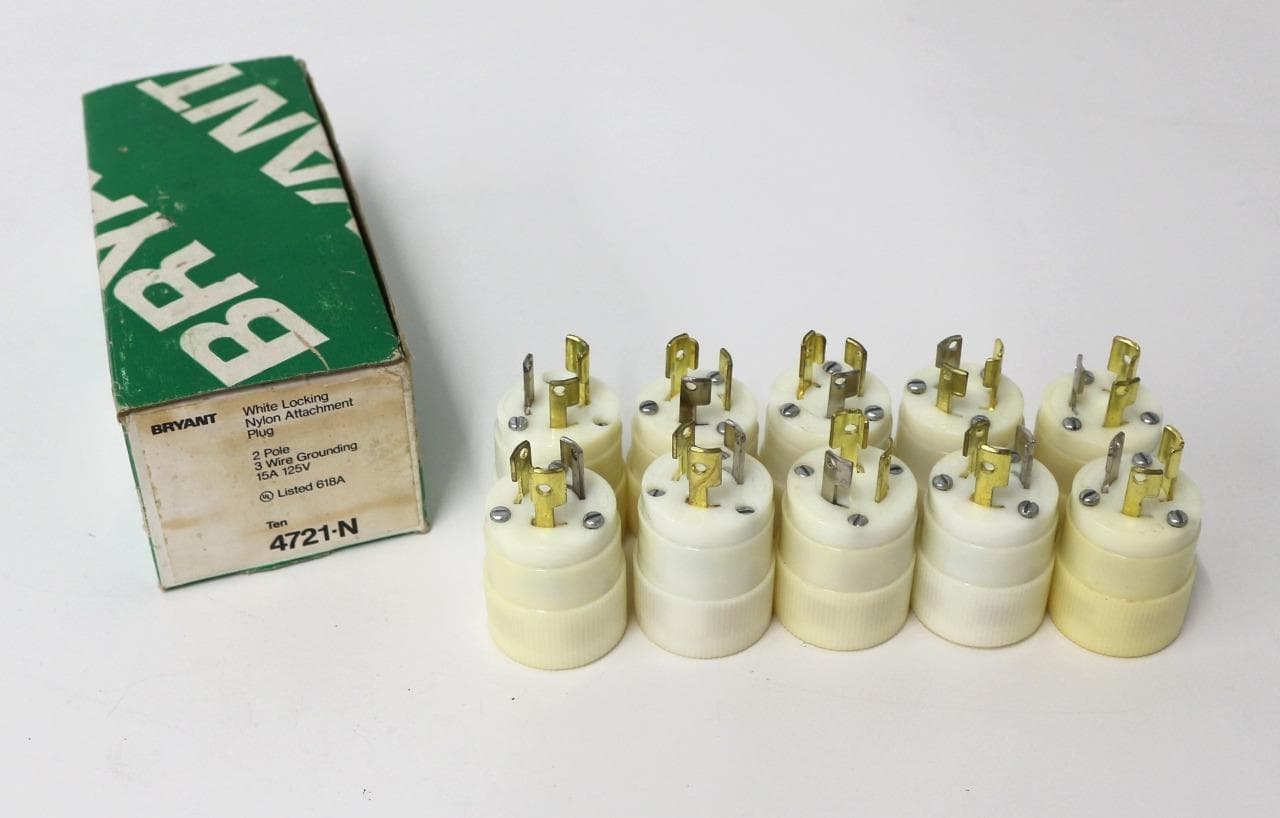 Bryant 4721-N 10 Pack - White Locking Nylon Attachment Plug 2 Pole, 15A, 125V